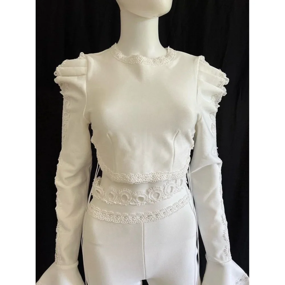 Women's Suit Matching Set 2 Pieces White Top + Flare Pants M - Picture 11 of 12